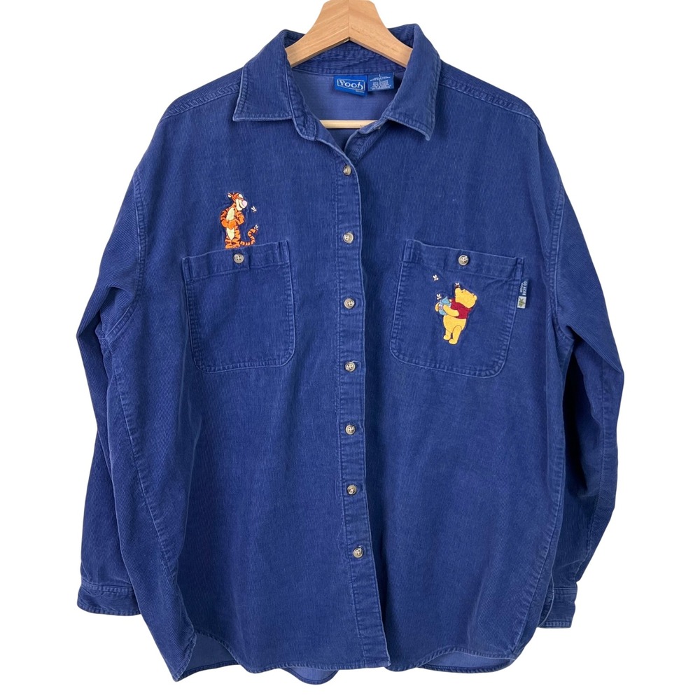 Pooh Disney Blue Corduroy Shirt Womens Large Winnie the Pooh Tigger Vintage 90s